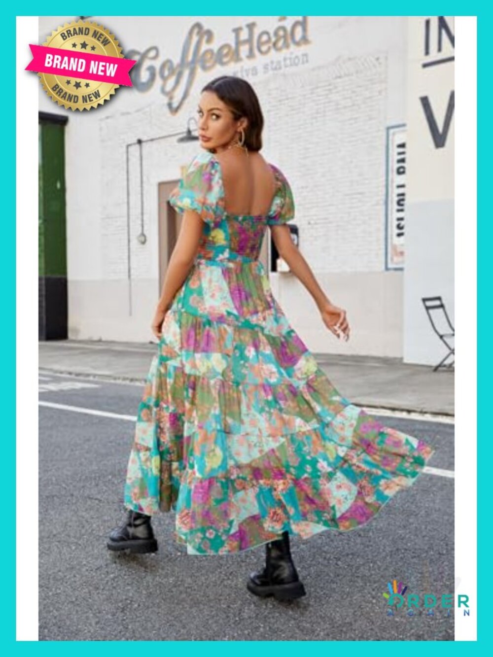 Floral Maxi Dress Short Puff Sleeve V Neck Bohemian Flowy Smocked Casual - Picture 2 of 6